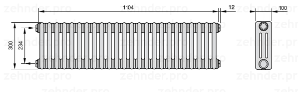 Схема (чертеж) Радиатор Zehnder Charleston 3030/24 №1270 Белый глянцевый RAL 9016